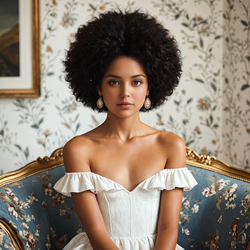 Elegant Woman with Afro in Off-Shoulder Dress
