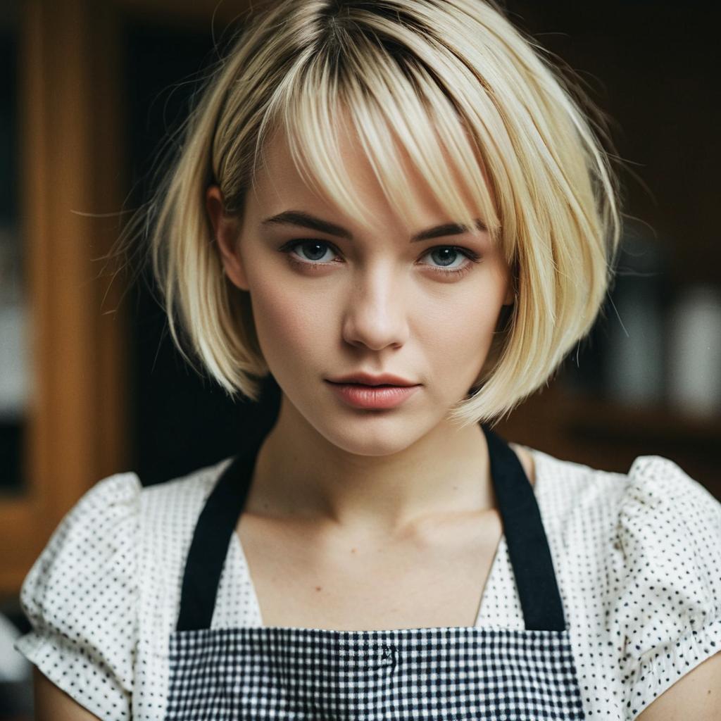 Young Woman Wearing Checkered Apron and Dotted Dress With Short Blonde Hair