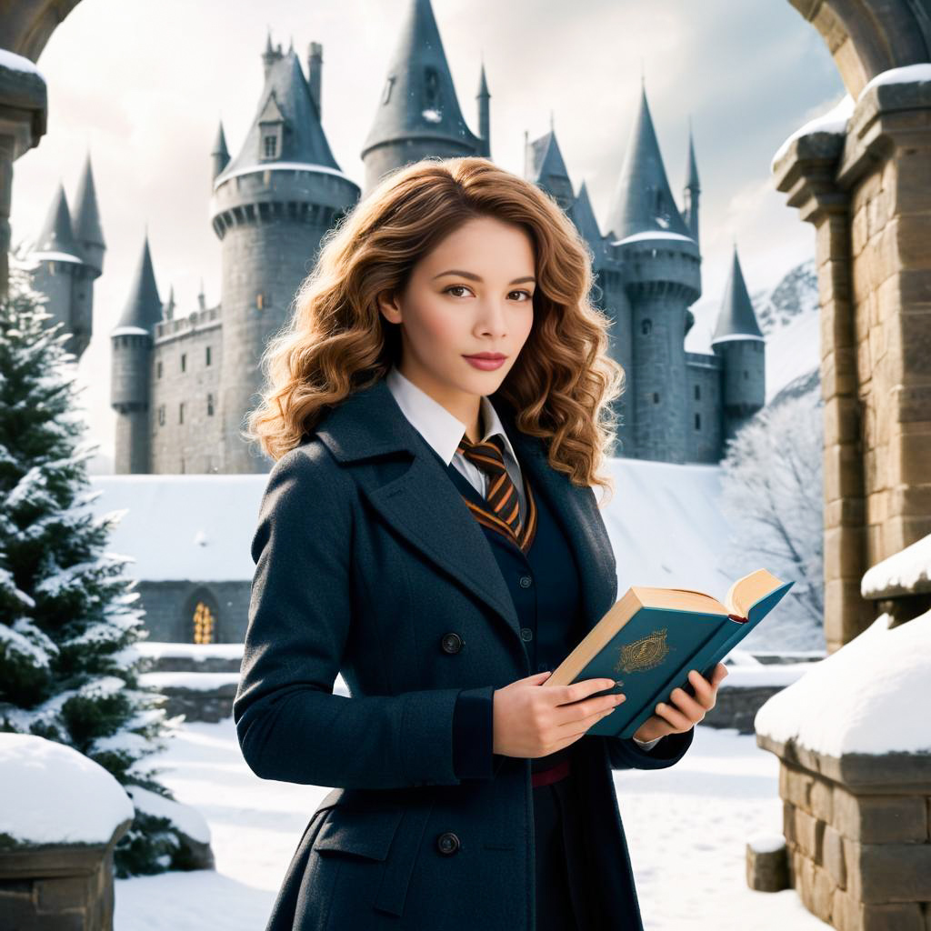 Young Woman in Snowy Landscape with Book and Castle