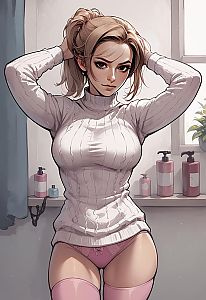 Young Woman in White Sweater and Pink Underwear Anime Style Illustration