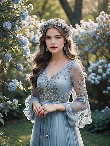 Young Woman in Blue Dress Among Blooming Flowers