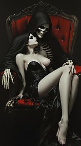 Gothic Seduction: Woman in Black Corset with Grim Reaper on Red Velvet Throne