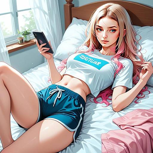 Anime Style Young Woman Relaxing on Bed with Smartphone Digital Illustration