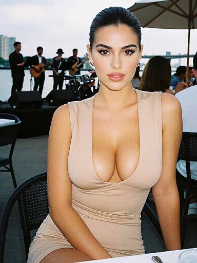 Chic Woman in Sleeveless Beige Dress with Plunging Neckline at Outdoor Waterfront Event