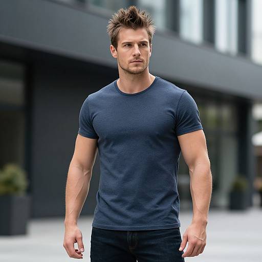 Muscular Man Wearing Navy Blue T-Shirt in Urban Setting