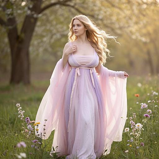 Ethereal Woman in Pastel Gown Standing in Wildflower Meadow