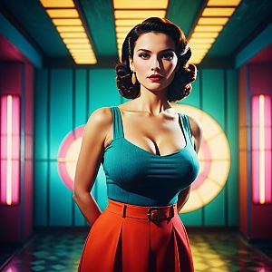 Confident woman in retro setting with bold colors