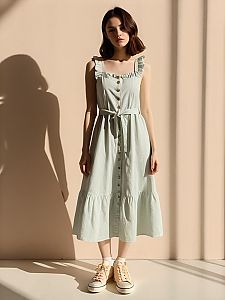 Woman Casual Summer White Sleeveless Midi Dress with Ruffle Trim