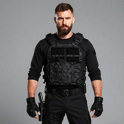 Man in Tactical Gear Wearing Bulletproof Vest and Gloves