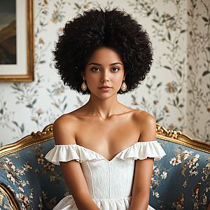 Elegant Woman with Afro in Off-Shoulder Dress