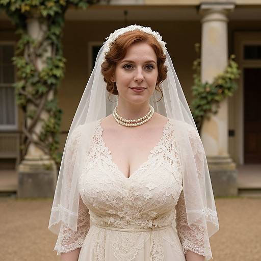 Red-Haired Woman in Elegant Lace Wedding Dress and Veil