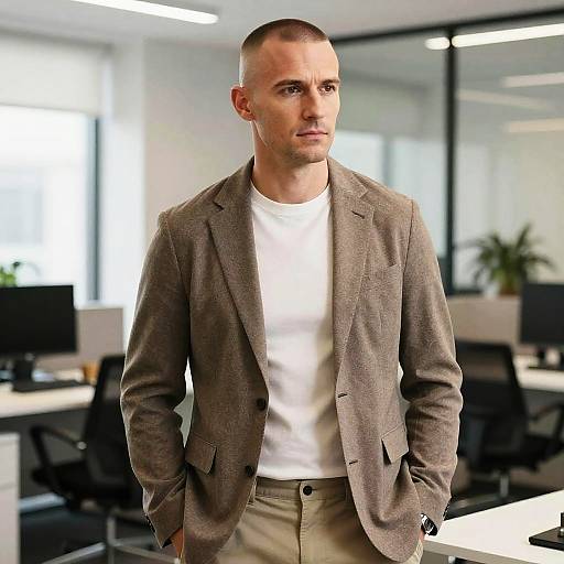 Gen Z Professional Man in Modern Office Wearing Beige Blazer