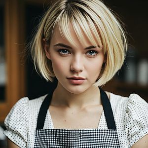 Young Woman Wearing Checkered Apron and Dotted Dress With Short Blonde Hair
