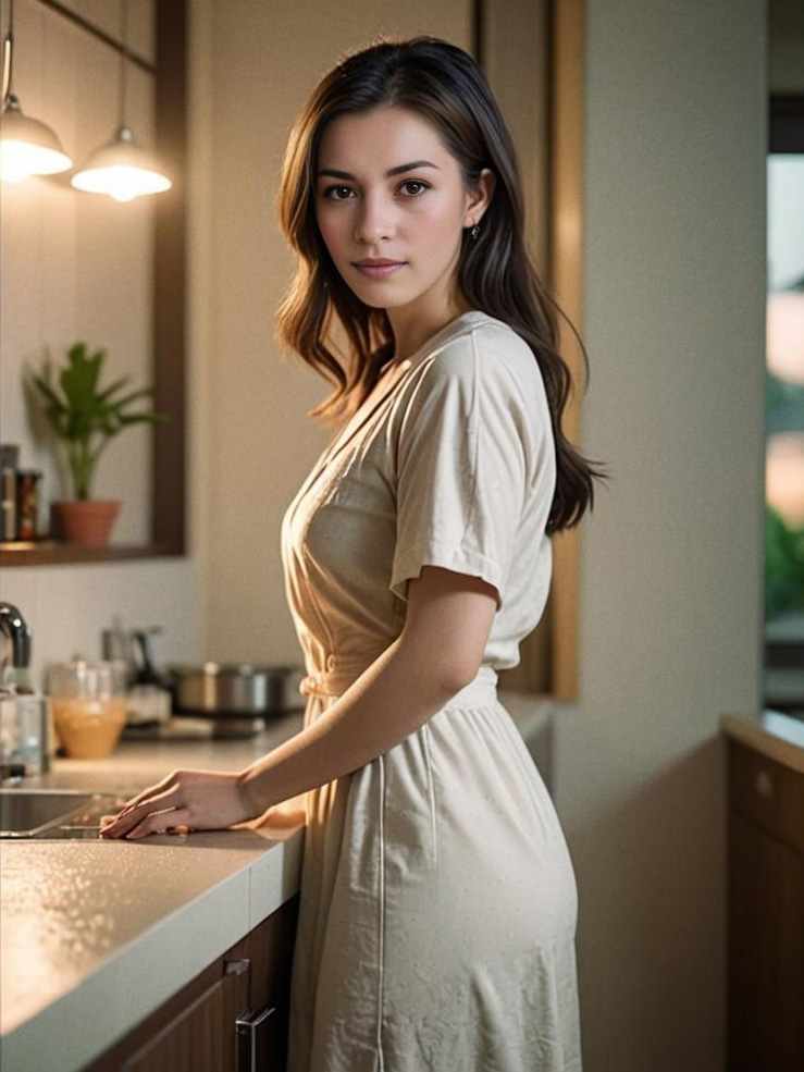 Graceful Woman in Modern Kitchen with Warm Light