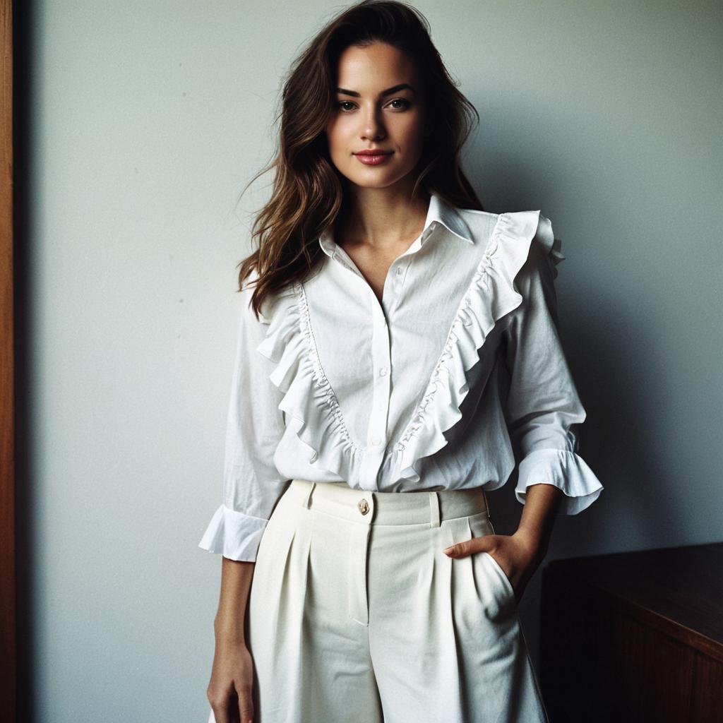 Elegant Young Woman in White Ruffled Blouse and High-Waisted Trousers