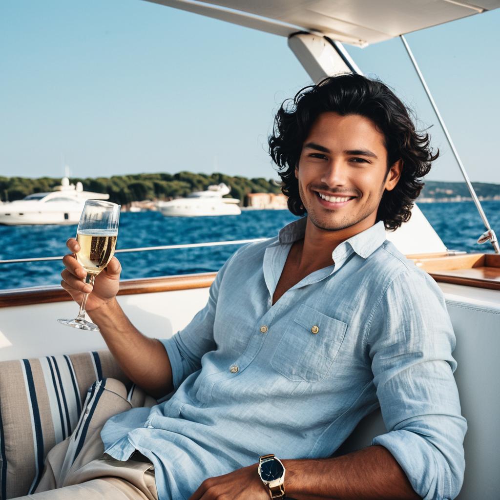 Smiling Man Relaxing on Yacht with Champagne by the Sea