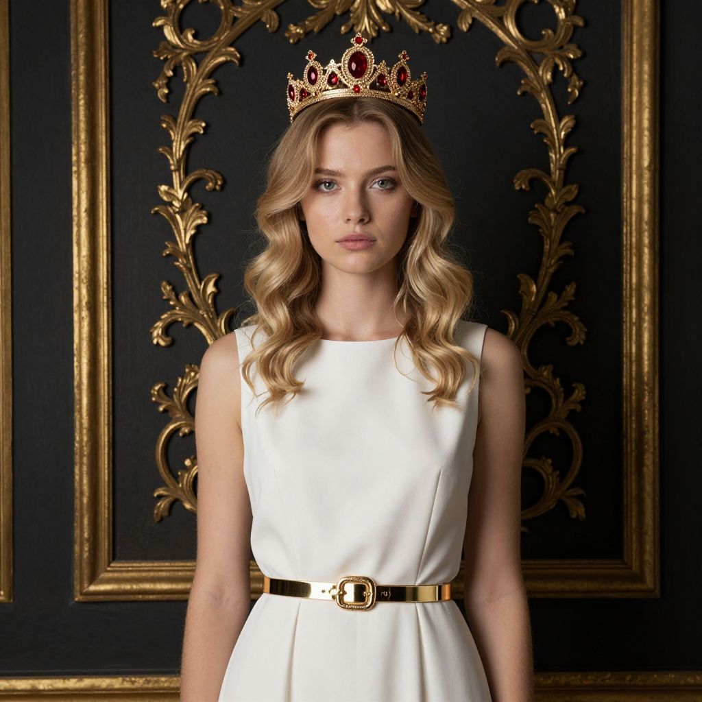 Elegant Blonde Woman Wearing Jeweled Crown and White Dress with Gold Accents