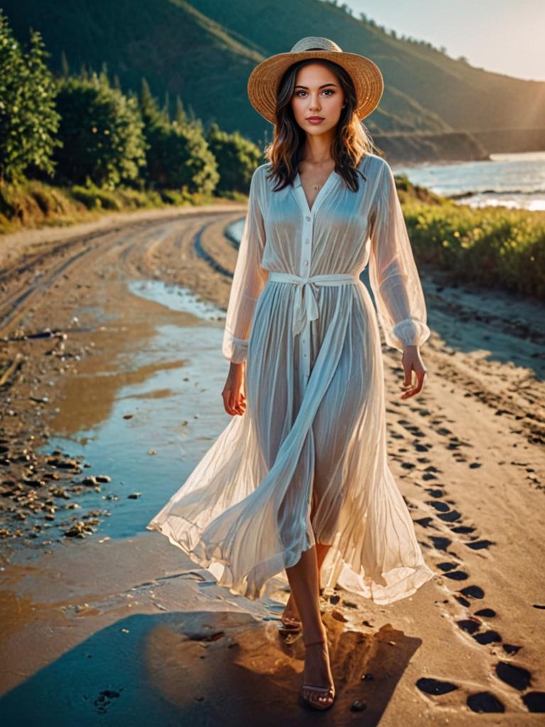 Woman in flowing dress on coastal path