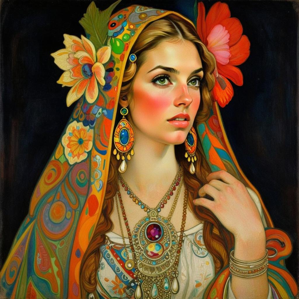 Portrait of a Woman with Colorful Ethnic Jewelry and Floral Headscarf