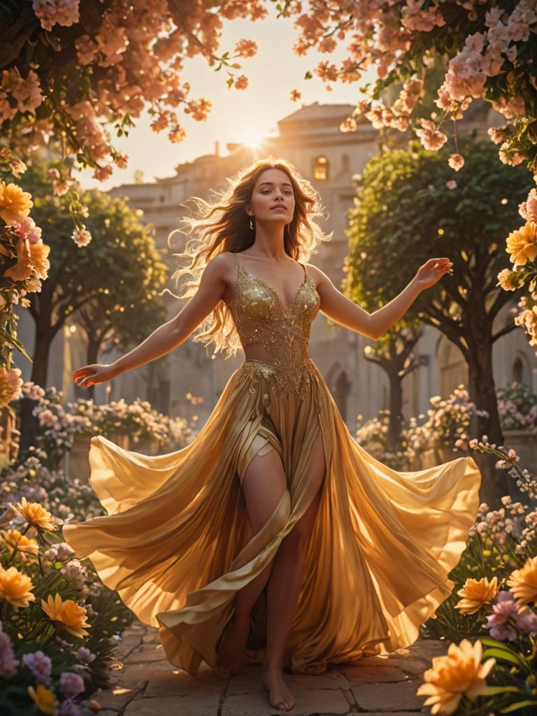 Woman in Golden Gown Surrounded by Blossoms