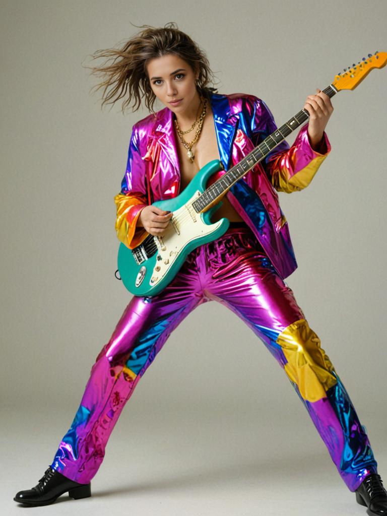 Woman in Vibrant Metallic Suit Playing Electric Guitar