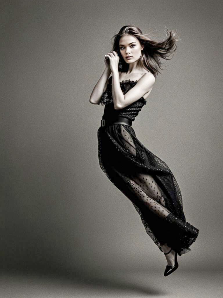 Elegant Woman in Black Dress in Mid-Air