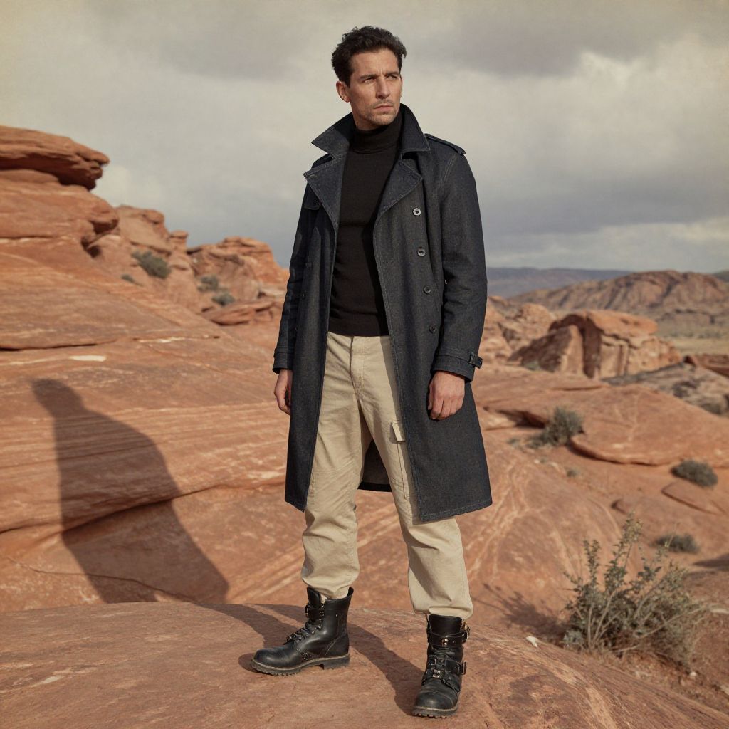 Stylish Man Wearing Trench Coat and Cargo Pants in Desert Landscape