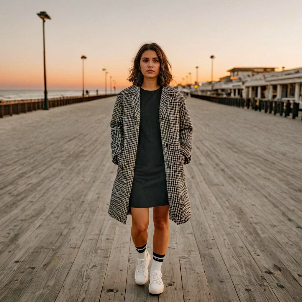 Chic Woman on Boardwalk at Sunset