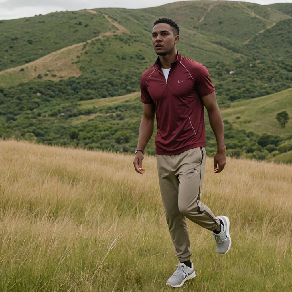 Athletic man running on grassy hill, exuding vitality