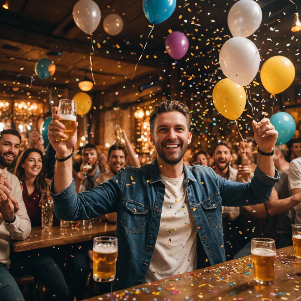 Cheerful Man Celebrates with Friends and Beer