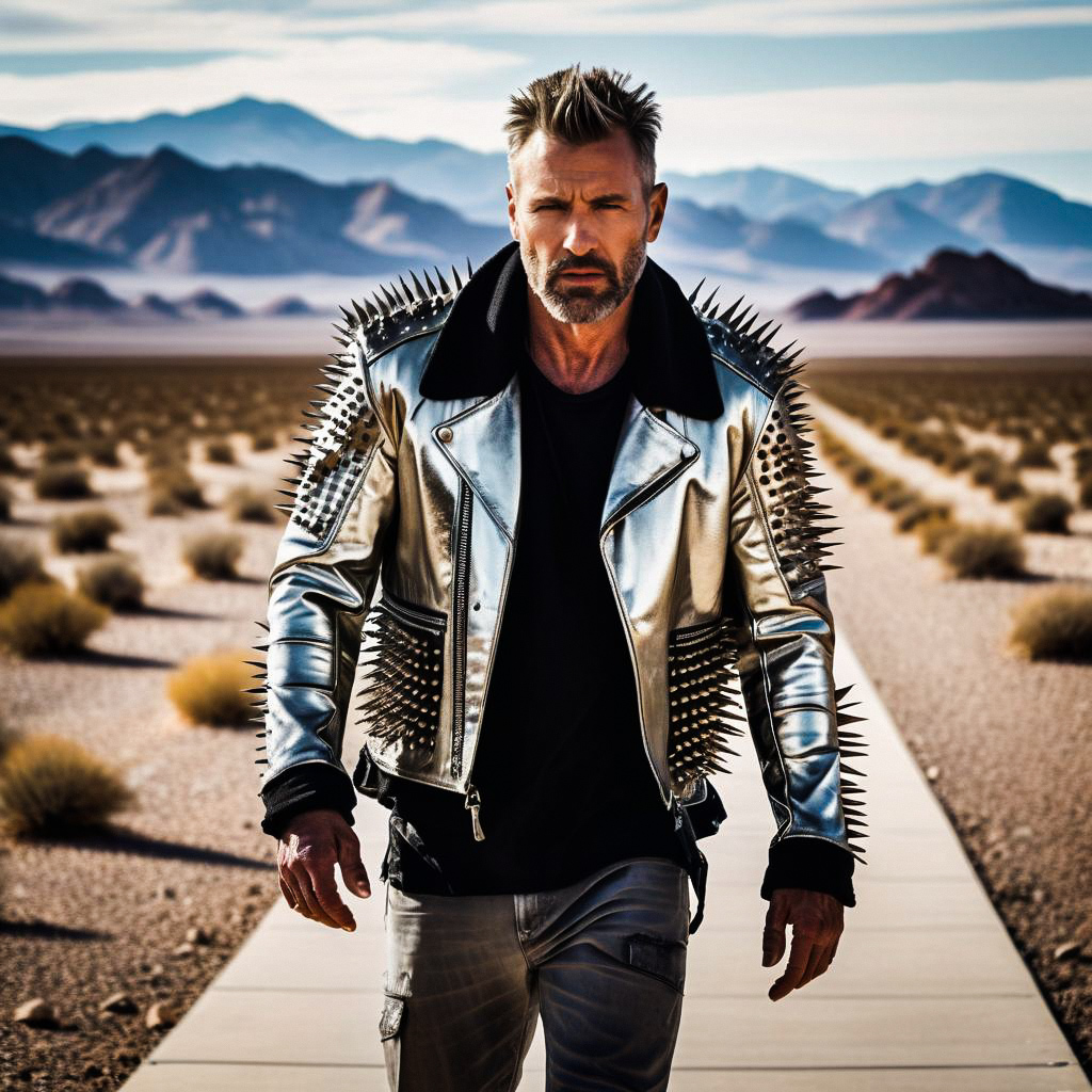 Rugged Man in Silver Jacket on Desert Path Rugged Man in Silver Jacket on Desert Path