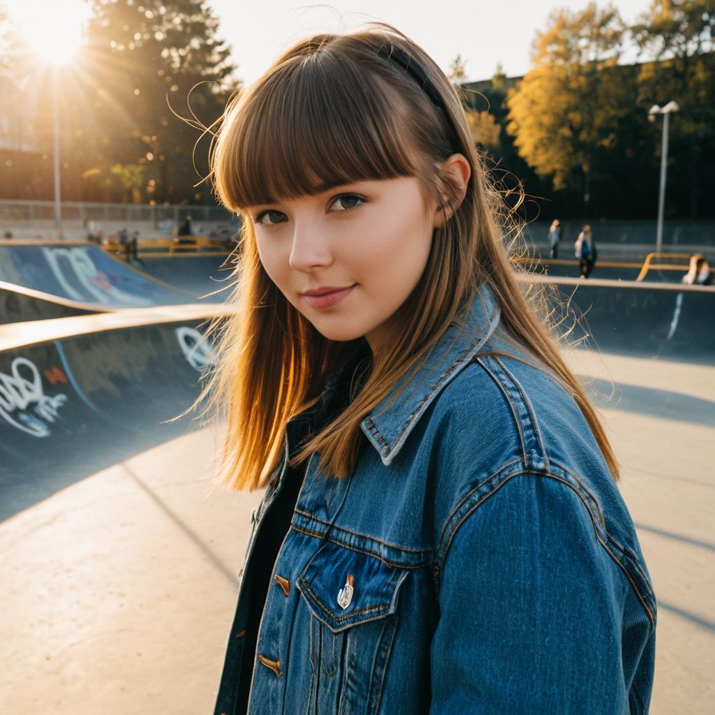 Young Woman at Skatepark in Denim Jacket during Golden Hour