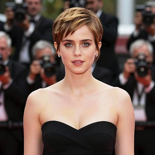 Young Woman on Red Carpet in Elegant Black Dress with Short Hair