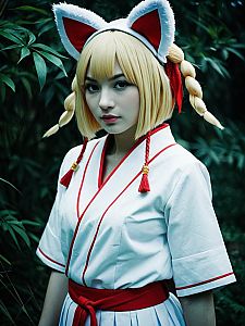 Realistic Mashiro Kuna Cosplay Woman in Traditional Fox-Eared Costume