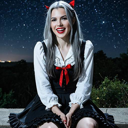 Young Woman in Gothic Lolita Dress with Red Accessories Under Starry Night