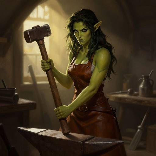 Green Orc Female Blacksmith in Fantasy Forge Holding Hammer