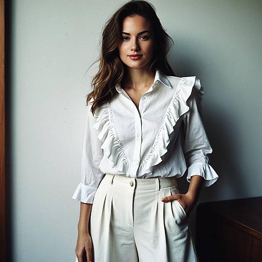 Elegant Young Woman in White Ruffled Blouse and High-Waisted Trousers