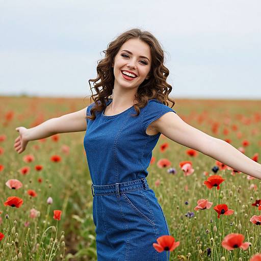 Joyful Woman in Blue Denim Dress in Vibrant Poppy Field