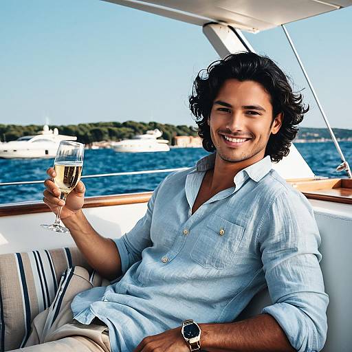 Smiling Man Relaxing on Yacht with Champagne by the Sea