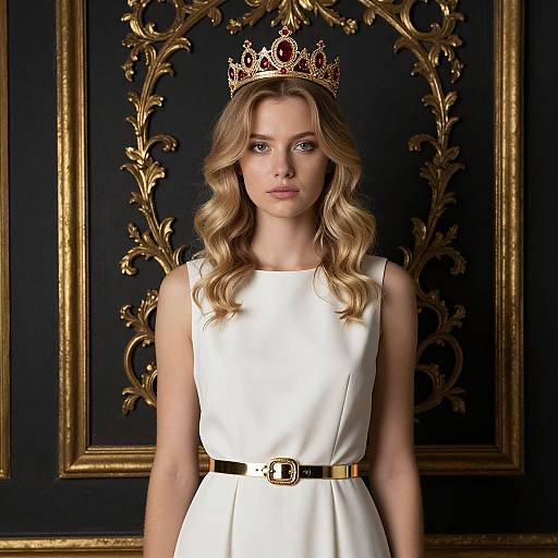 Elegant Blonde Woman Wearing Jeweled Crown and White Dress with Gold Accents