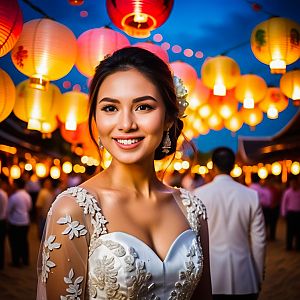 Joyful Woman in Elegant White Gown at Festive Outdoor Celebration
