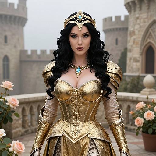 Woman in Golden Armor Costume with Medieval Castle Background