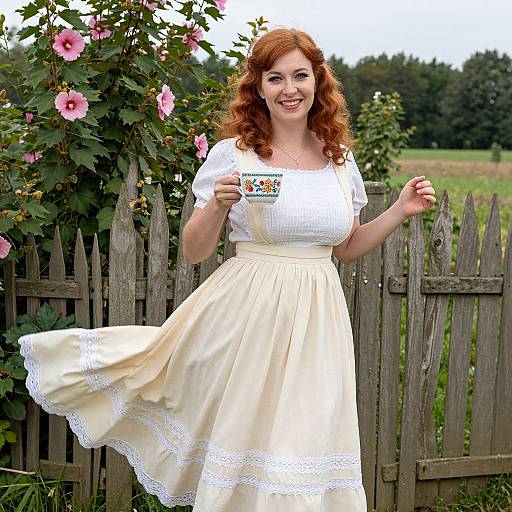 Red Haired Woman in Vintage Dress Holding Tea Cup by Rustic Fence with Pink Flowers