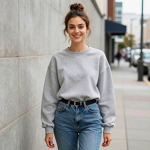 Casual Gen Z Woman Walking in Grey Sweatshirt and Jeans on City Sidewalk