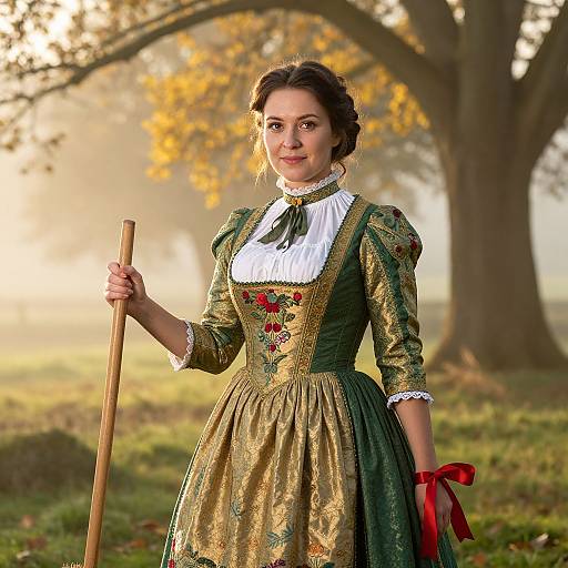 Woman in 18th Century Embroidered Dress Standing Outdoors