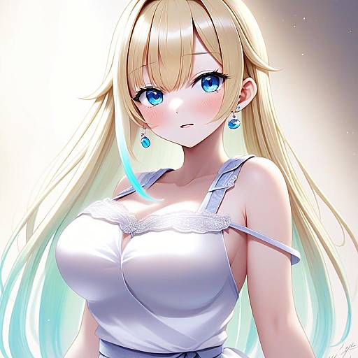 Blonde Anime Woman with Blue Eyes and White Lace Top