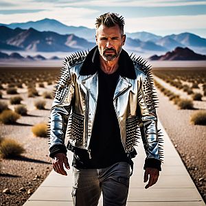 Rugged Man in Silver Jacket on Desert Path