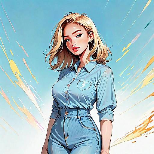 Confident Blonde Woman in Stylish Denim Outfit Digital Illustration