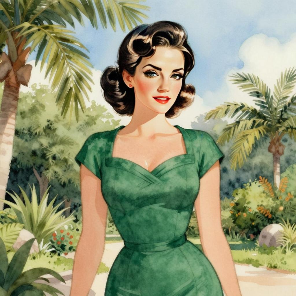 Vintage Style Woman in Green Dress in Tropical Garden