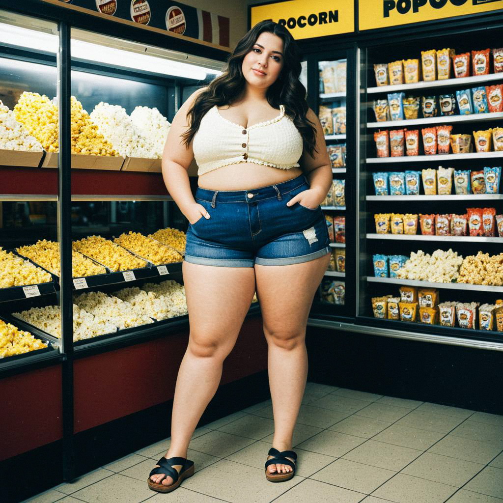Confident Plus-Size Woman in Popcorn Shop